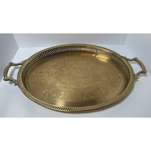 Large Brass Platter 23” Hand Etched. Reticulated Trim W/ Intricate Handles VTG - Picture 1 of 6